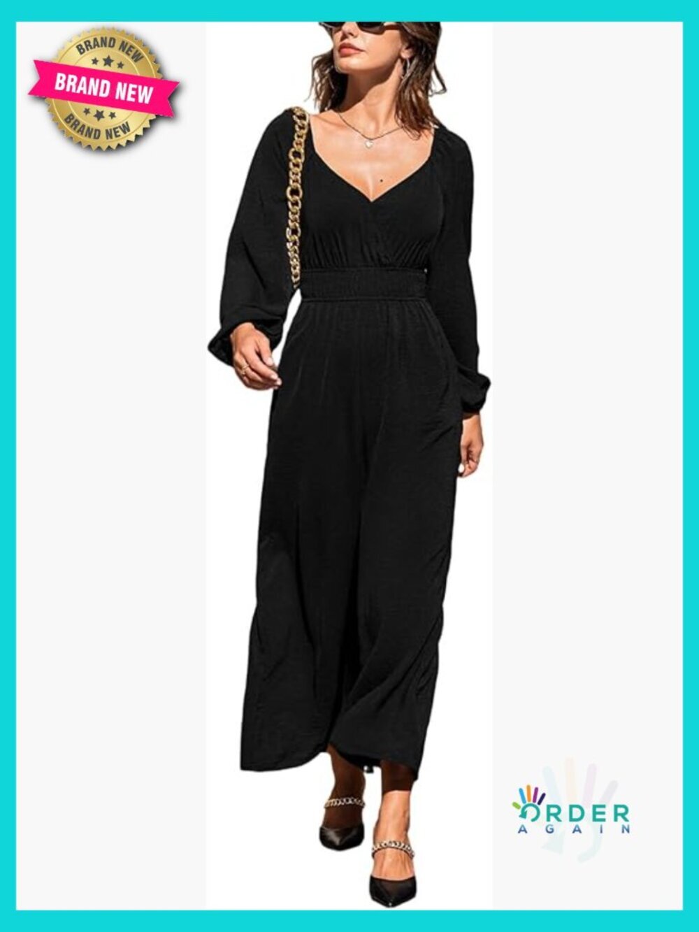 Womens Casual Loose Jumpsuit V Neck Long Lantern Sleeve Wide Leg High Waist